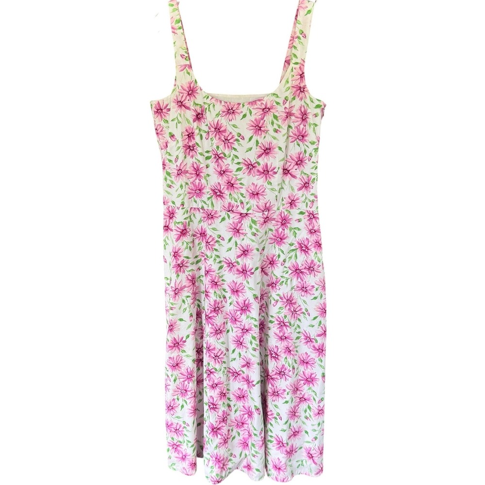 Isabella Bird Pink Floral Cotton Midi Sun Dress White Green Sleeveless Size 8